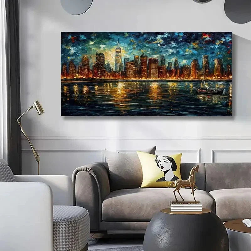Vibrant NYC Skyline Reflective Wall Art Canvas Office Home Room Framed 120x60cm