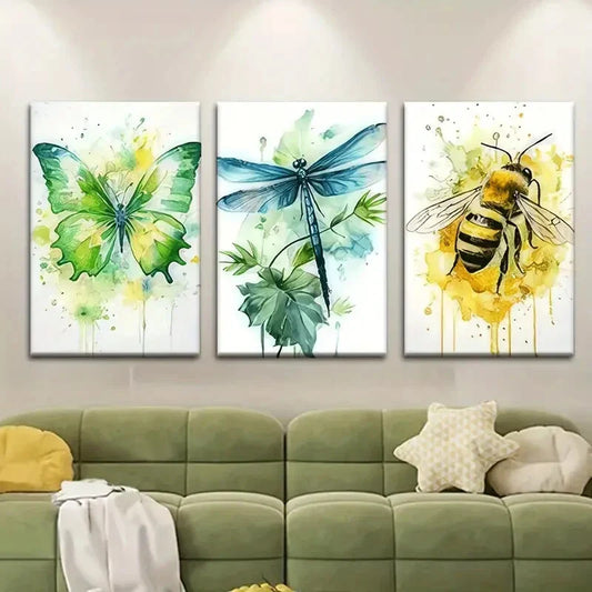 3pcs Vibrant Abstract Butterfly & Dragonfly Metal Print Ready to Hang Art