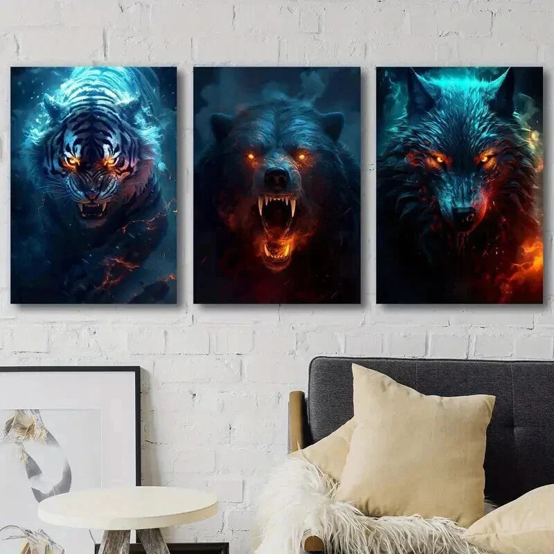 3pcs Angry Tiger Wolf Bear Animal Wall Art Set Canvas Framed 40x60cm - High Quality Print 100% Australian Made Wall Canvas Ready to Hang