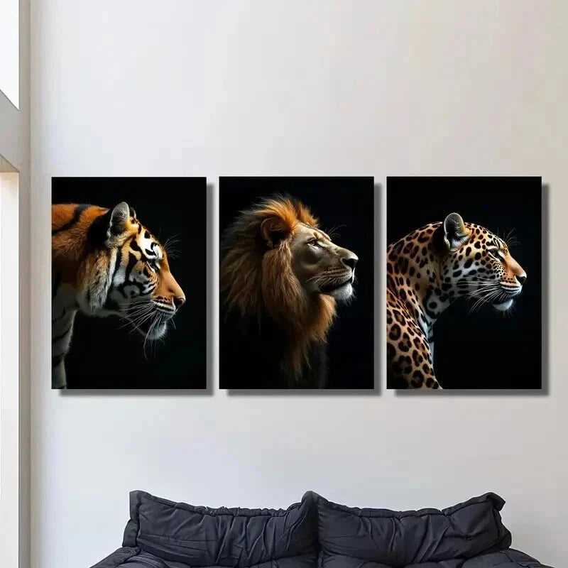 3pcs Tiger Lion & Leopard Animal Portraits Wall Art Set Canvas Framed 40x60cm - High Quality Print 100% Australian Made Wall Canvas Ready to Hang