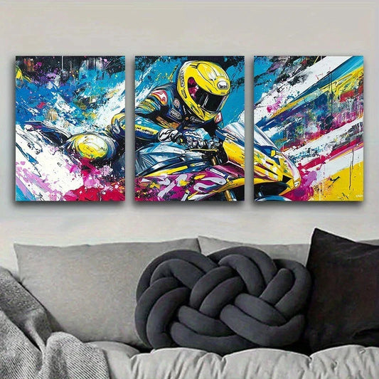 3pcs Superbike Motorcycle Rider Design Vibrant Metal Print Ready to Hang Art