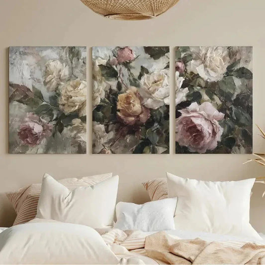 3pcs Antique Rose Vintage Floral Metal Print Ready to Hang Art
