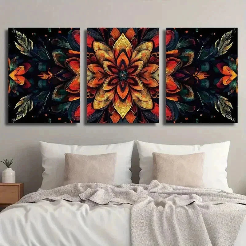 3pcs Mandala Flowers on Black Background Wall Art Set Canvas Framed 40x60cm - High Quality Print 100% Australian Made Wall Canvas Ready to Hang