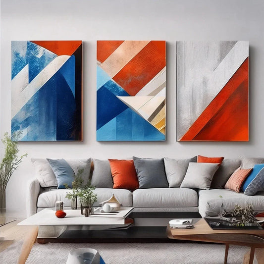 3pcs Bold Geometric Space Navy Blue And Red Metal Print Ready to Hang Art
