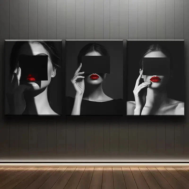 3pcs Modern Black and White Woman with Red Wall Art Set Canvas Framed 40x60cm - High Quality Print 100% Australian Made Wall Canvas Ready to Hang