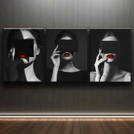 3pcs Modern Black and White Woman with Red Wall Art Set Canvas Framed 40x60cm - High Quality Print 100% Australian Made Wall Canvas Ready to Hang