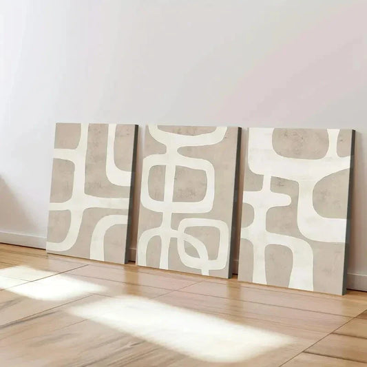 3pcs Abstract Geometric Beige Brown White Line Wall Art Set Canvas Framed 40x60cm - High Quality Print 100% Australian Made Wall Canvas Ready to Hang