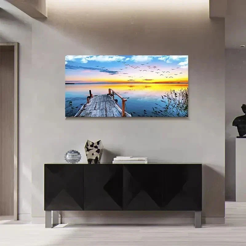 Sunset Lakeside Dock Wild Wall Art Canvas Office Home Room Framed 120x60cm