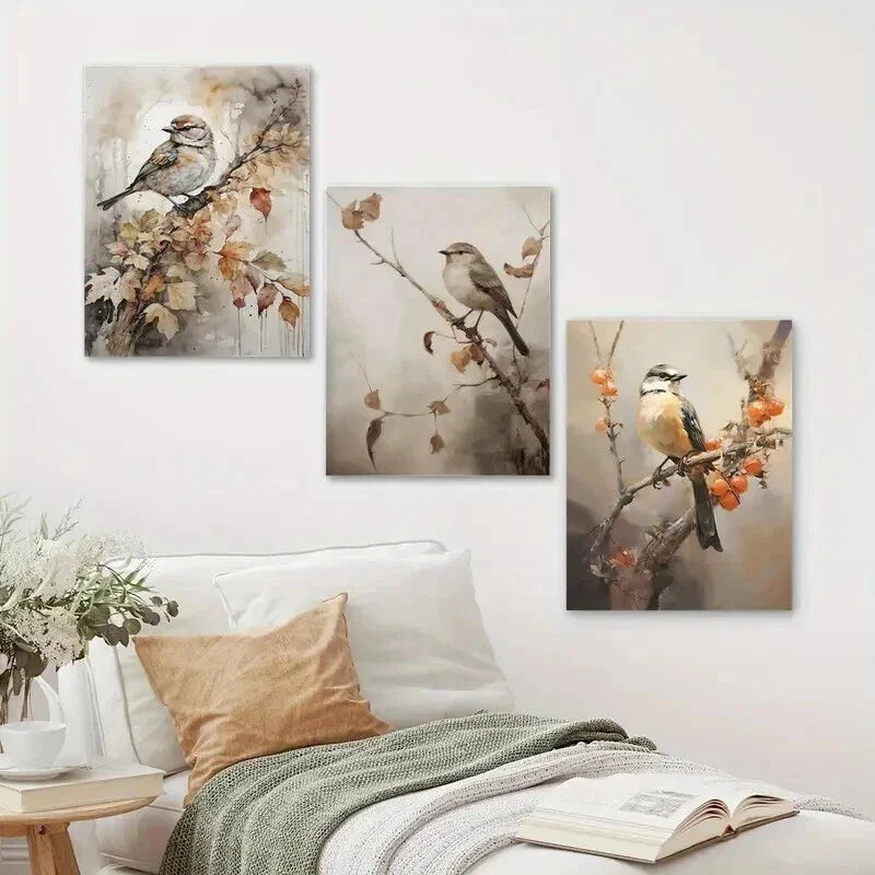 3pcs Cartoon Autumn Birds Deco Classic Wall Art Set Canvas Framed 40x60cm - High Quality Print 100% Australian Made Wall Canvas Ready to Hang
