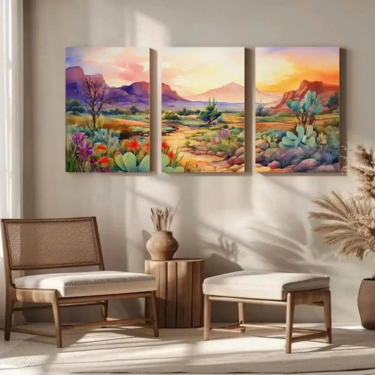 3pcs Vibrant Wildflower & Mountain Landscape Metal Print Ready to Hang Art