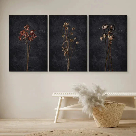3pcs  Dark Dried Wildflower Floral Botanical Wall Art Set Canvas Framed 40x60cm - High Quality Print 100% Australian Made Wall Canvas Ready to Hang