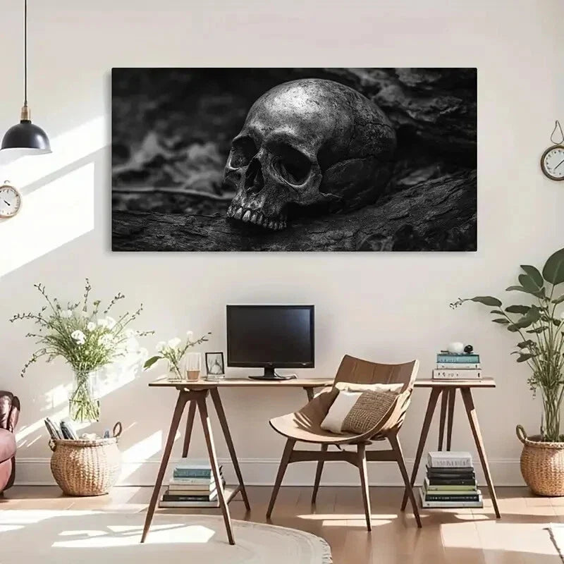 Ancient Skull Historical Dark Wall Art Canvas Office Home Room Framed 80x45cm