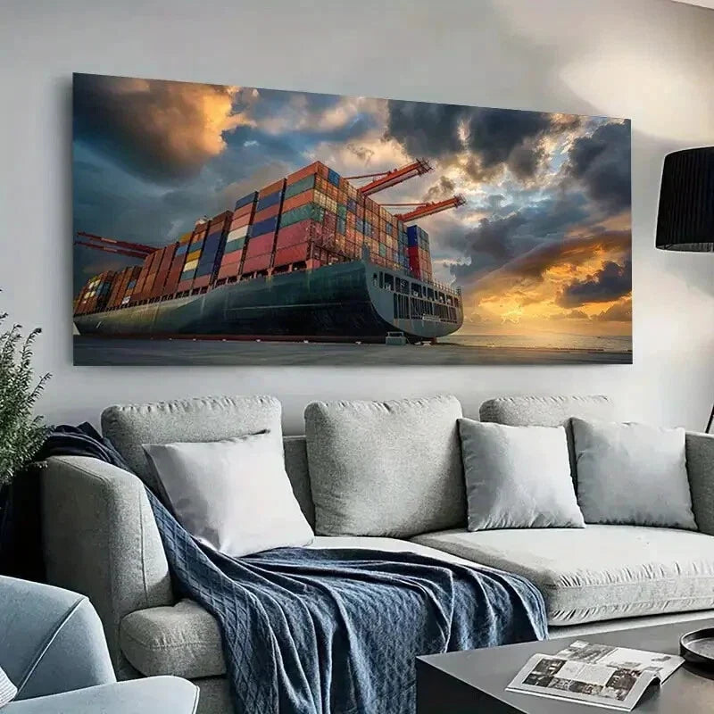 Vibrant Shipping Ship Scene Wall Art Canvas Office Home Room Framed 80x45cm