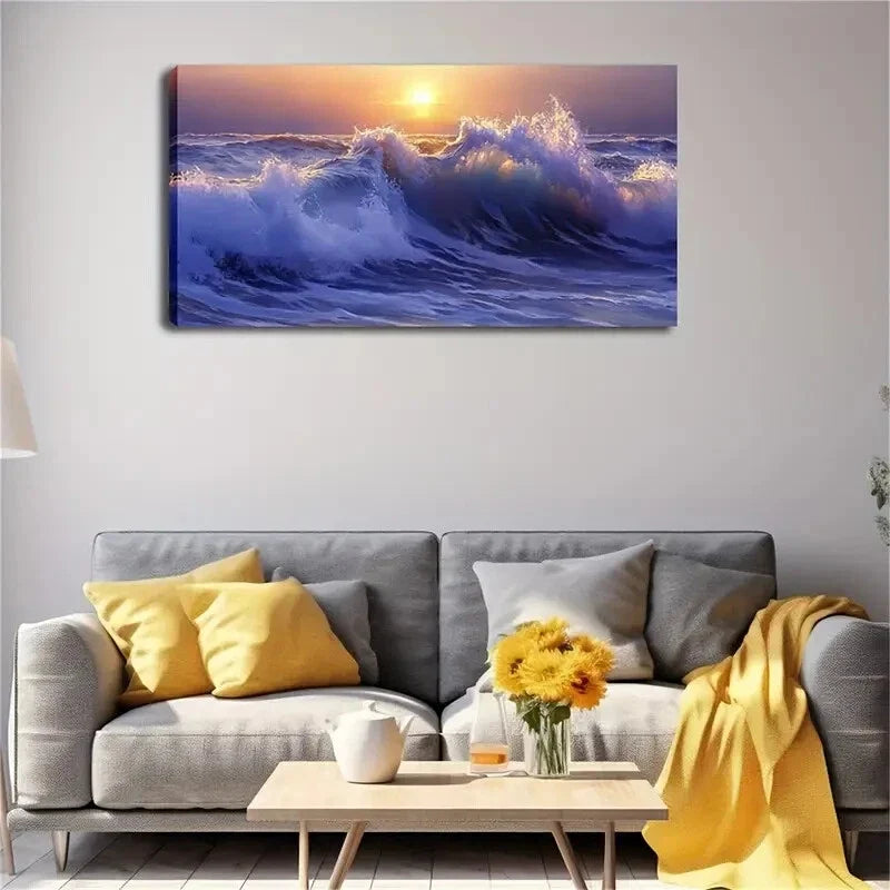 Sunset Beach Scene Waves Beach Wall Art Canvas Office Home Room Framed 120x60cm