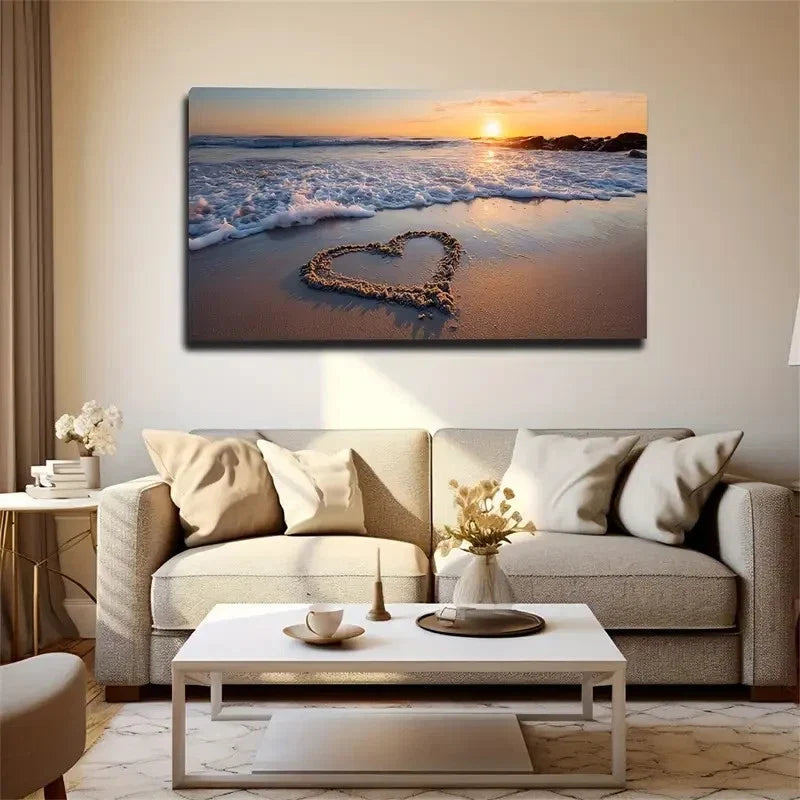 Shaped Beach Scene With Sunset Wall Art Canvas Office Home Room Framed 80x45cm