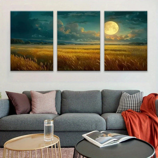 3pcs Moon and Night Scene Map Metal Print Ready to Hang Art