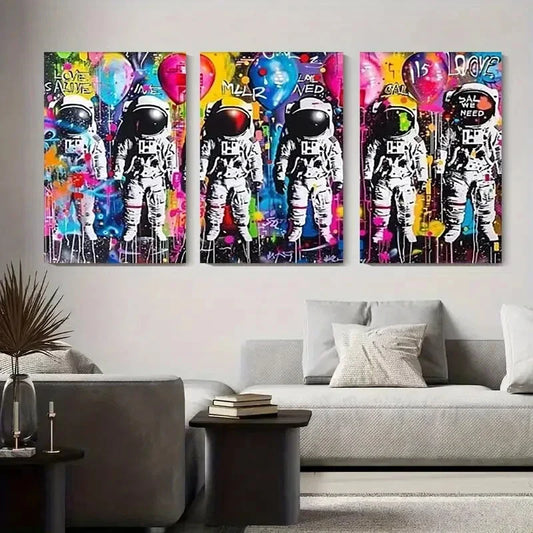 3pcs Astronaut Graffiti Colorful Street Art Metal Print Ready to Hang Art