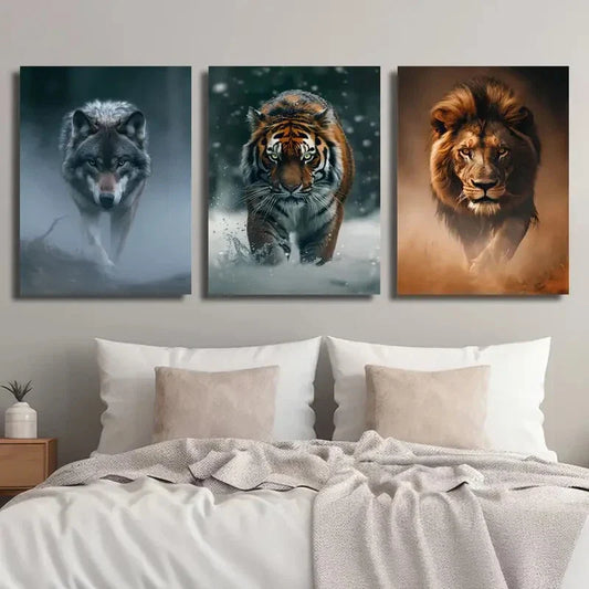 3pcs Forest Animals Wolf Tiger and Lion Metal Print Ready to Hang Art