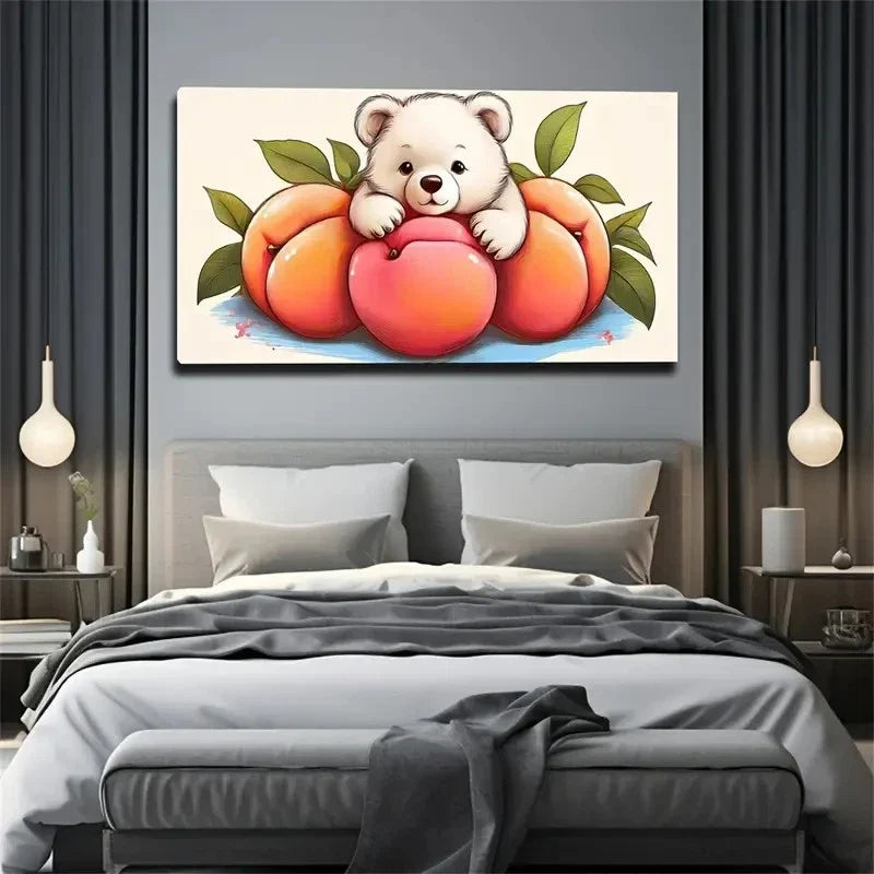 Charming Bear & Peach Wall Art Canvas Office Home Room Framed 80x45cm
