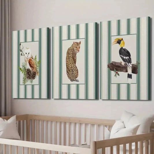 3pcs Whimsical Vintage Crow Owl & Cheetah Wall Art Set Canvas Framed 40x60cm - High Quality Print 100% Australian Made Wall Canvas Ready to Hang