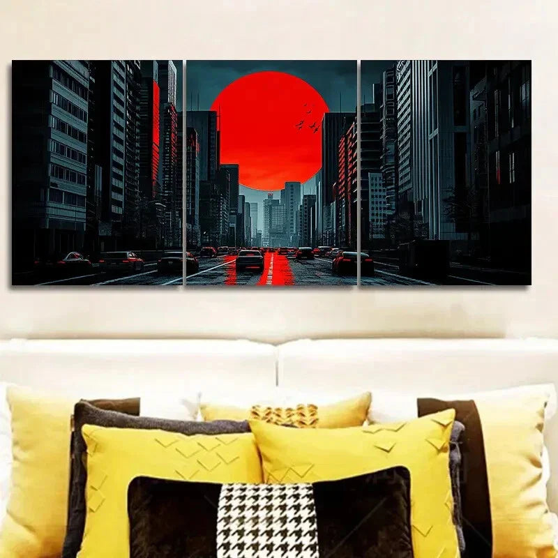 3pcs The moon over the city Art Painting Metal Print Ready to Hang Art