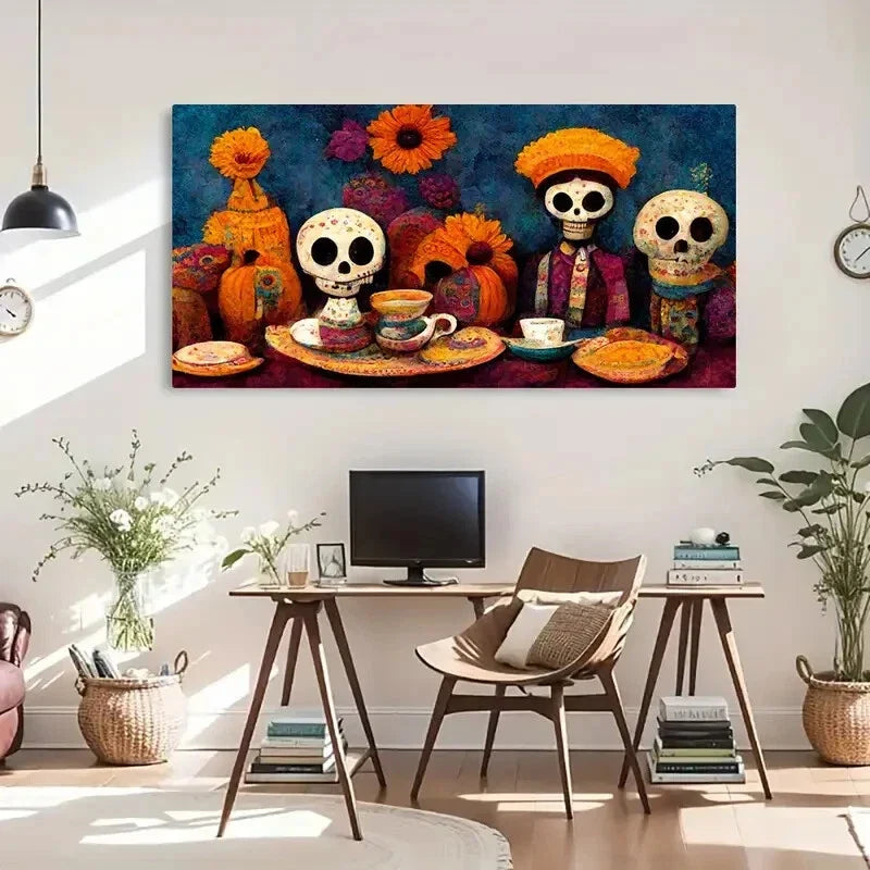 Skull Colorful Aesthetic Décor Wall Art Canvas Office Home Room Framed 80x45cm