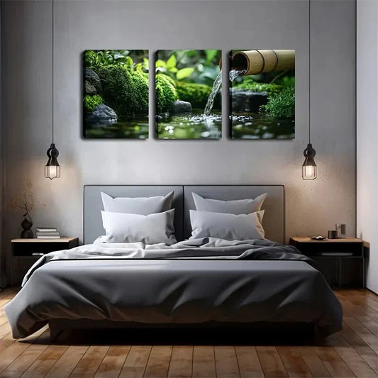 3pcs Black Pebbles Built Pond Natural Style  Wall Art Set Canvas Framed 40x60cm - High Quality Print 100% Australian Made Wall Canvas Ready to Hang