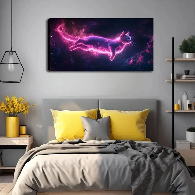 Vibrant Abstract Cat Cosmic Wall Art Canvas Office Home Room Framed 120x60cm