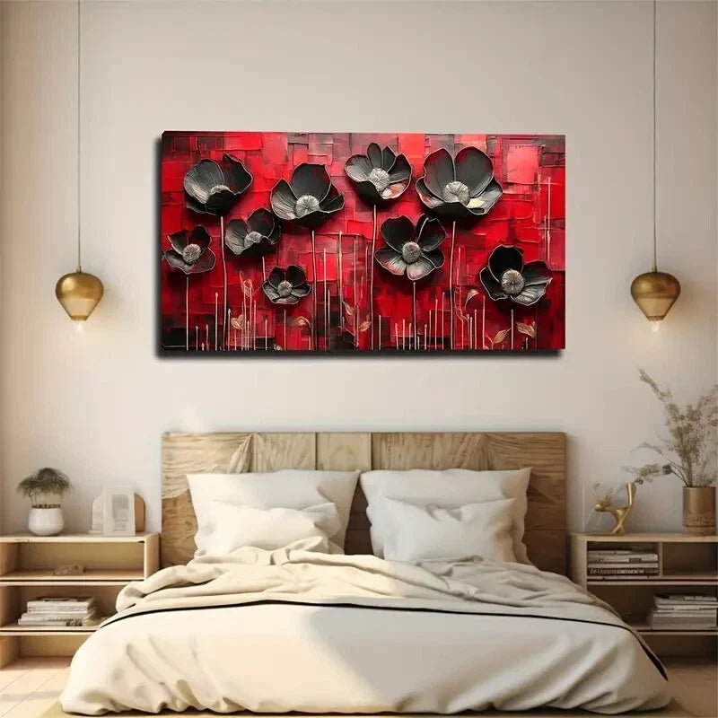 Red & Black Abstract Floral Wall Art Canvas Office Home Room Framed 120x60cm