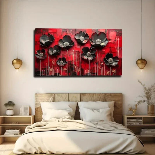 Red & Black Abstract Floral Wall Art Canvas Office Home Room Framed 120x60cm