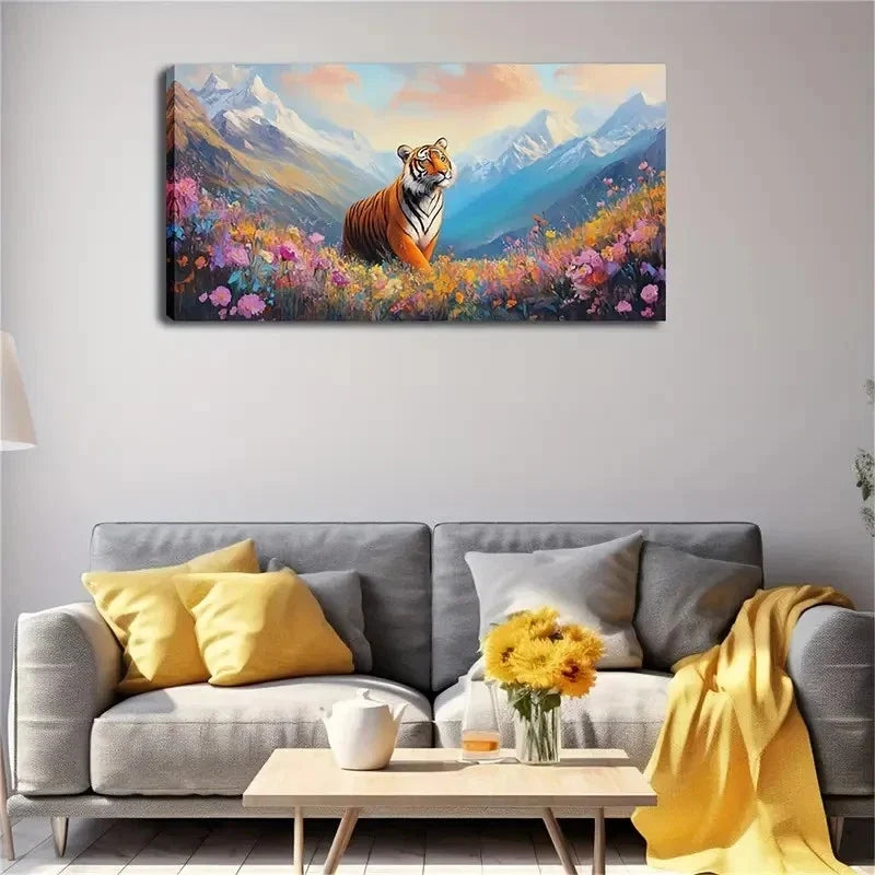 Tiger In Colorful Meadow Scene Wall Art Canvas Office Home Room Framed 120x60cm
