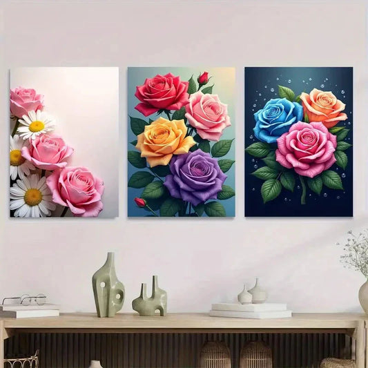 3pcs Colorful Rose and Daisy Beautiful Floral Metal Print Ready to Hang Art