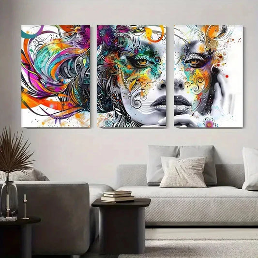 3pcs Abstract Woman Face Colorful Swirls Metal Print Ready to Hang Art