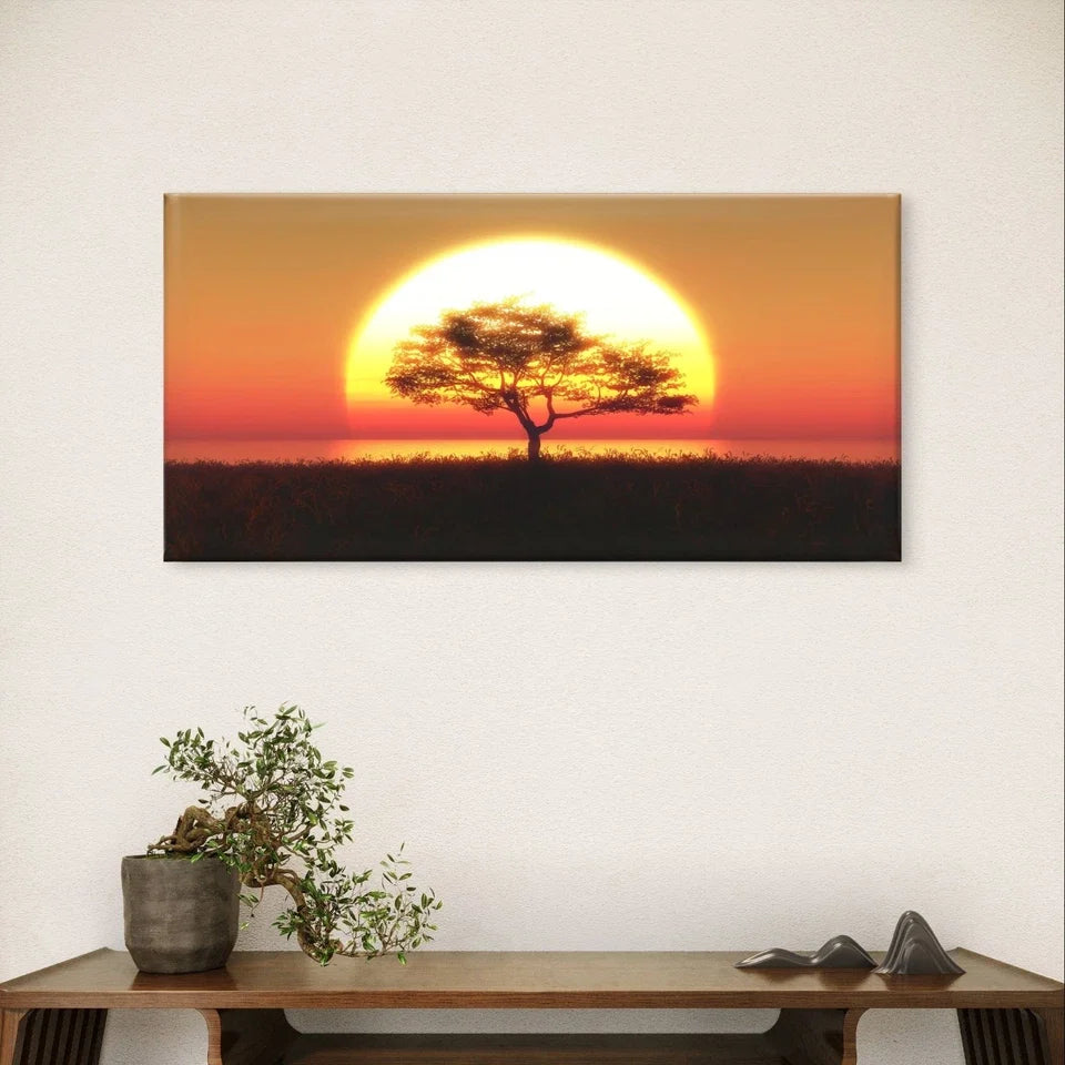 Golden Desert Sunset Tree Silhouette Wall Art Canvas Office Home Framed 120x60cm