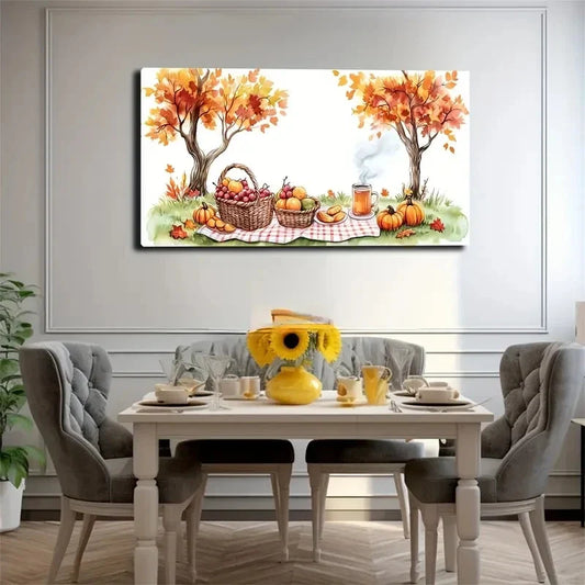 Autumn Fruit Trees Under Plaid Wall Art Canvas Office Home Room Framed 80x45cm