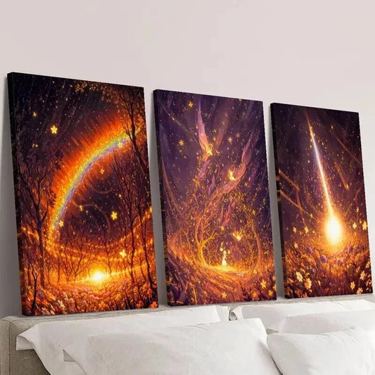 3pcs Fantasy Golden Rainbow Golden Fairy Wall Art Set Canvas Framed 40x60cm - High Quality Print 100% Australian Made Wall Canvas Ready to Hang