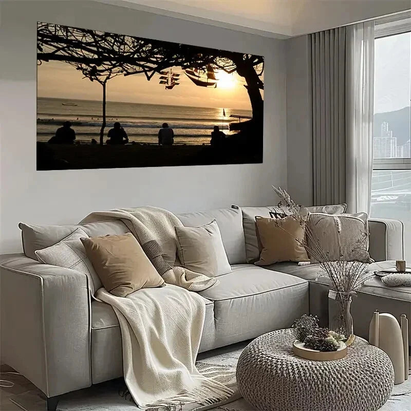 Vibrant Beach Scene Sunset Wall Art wall canvas office home room framed 120x60cm