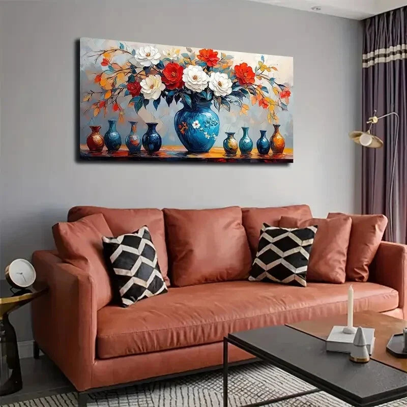 Blue Vase With Floral Design Wall Art Canvas Office Home Room Framed 120x60cm