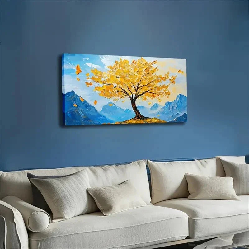 Realistic Yellow Tree & Blue Wall Art Canvas Office Home Room Framed 120x60cm