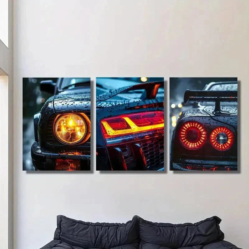 3pcs Cool Antique Car Headlight Taillights Wall Art Set Canvas Framed 40x60cm - High Quality Print 100% Australian Made Wall Canvas Ready to Hang