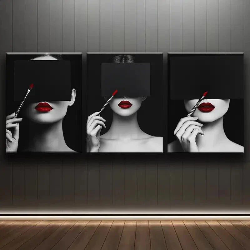 3pcs A Woman in Red Lipstick Darkness Perfect Wall Art Set Canvas Framed 40x60cm - High Quality Print 100% Australian Made Wall Canvas Ready to Hang