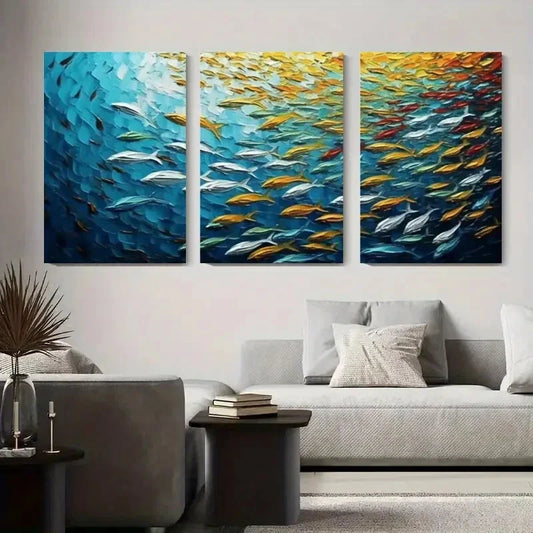 3pcs Vibrant School of Fish Colorful Underwater Metal Print Ready to Hang Art