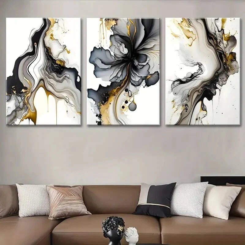 3pcs Modern Marble Fluid Black and Golden Metal Print Ready to Hang Art