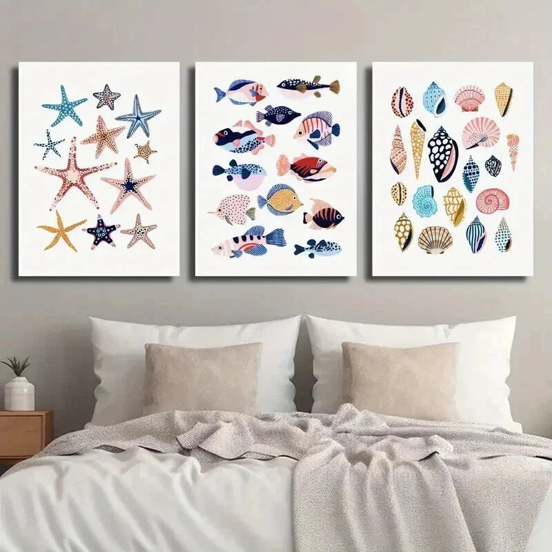 3pcs Starfish Shells And Tropical Fish Wall Art Set Canvas Framed 40x60cm - High Quality Print 100% Australian Made Wall Canvas Ready to Hang