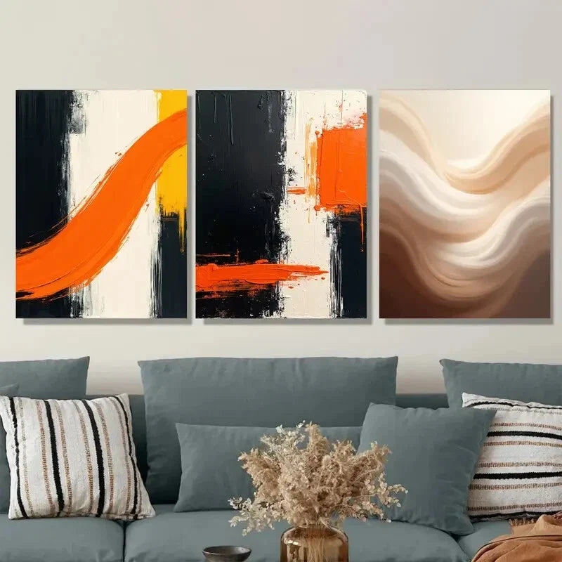 3pcs Vibrant Orange, Black & Neutral Tones Metal Print Ready to Hang Art