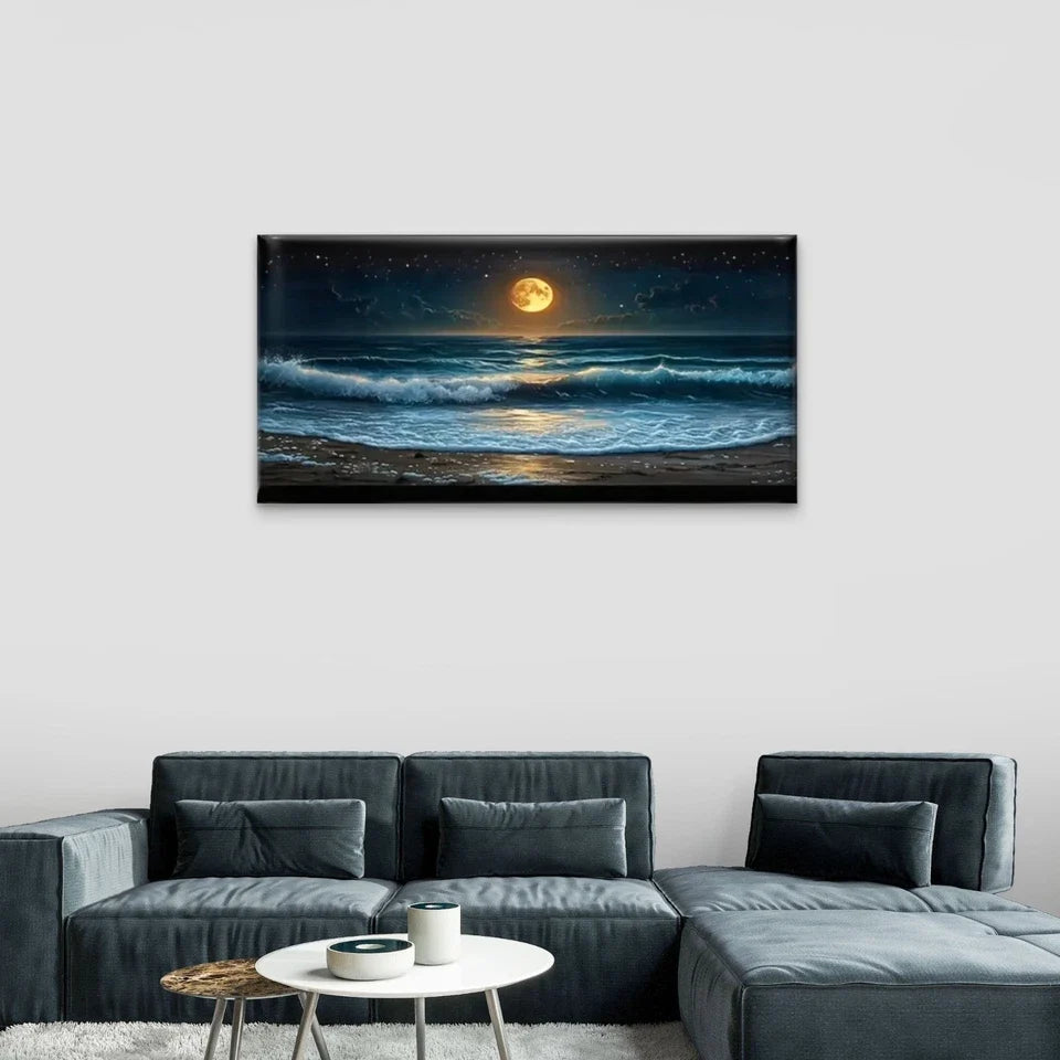 Beach Moon Wave Night Stars Wall Art Canvas Office Home Room Framed 120x60cm