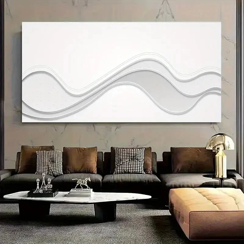 Modern Minimalist White Wave Wall Art Canvas Office Home Room Framed 80x45cm