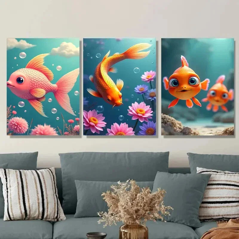 3pcs Underwater Scene with Pink Fish Orange Koi Wall Art Set Canvas Framed 40x60cm - High Quality Print 100% Australian Made Wall Canvas Ready to Hang