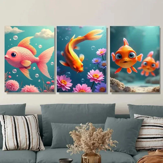 3pcs Underwater Scene with Pink Fish Orange Koi Wall Art Set Canvas Framed 40x60cm - High Quality Print 100% Australian Made Wall Canvas Ready to Hang