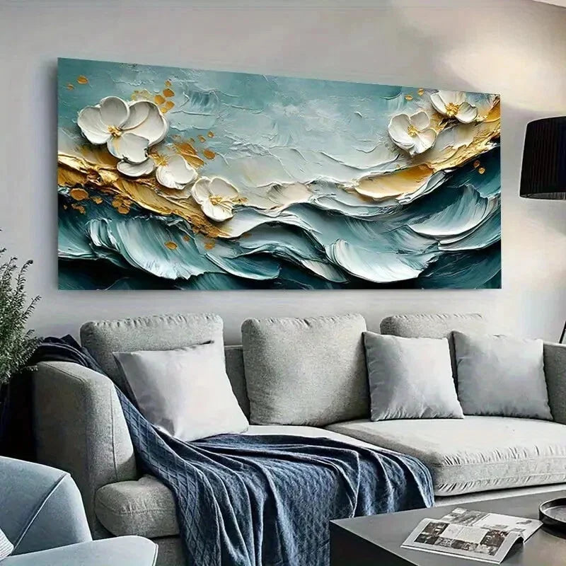 Textured Waves & Floral Accents Wall Art Canvas Office Home Room Framed 120x60cm